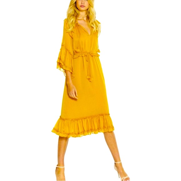 Misa Mustard Yellow Marcele Sheer Ruffle Dress - Picture 1 of 5